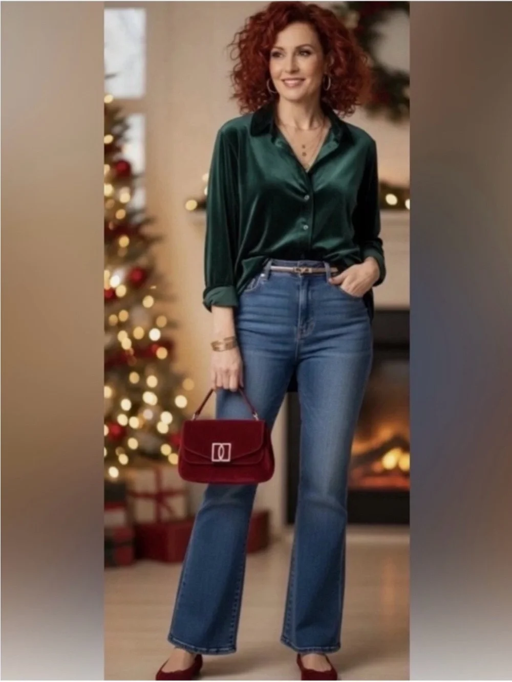 Soft Surroundings Velvet Boyfriend Tunic Shirt Dark Emerald Large Holiday